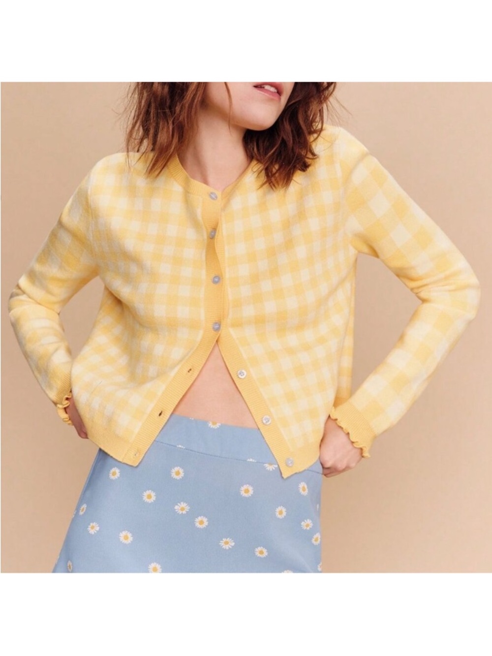 Draper James Yellow Gingham Button Front Cardigan Sweater